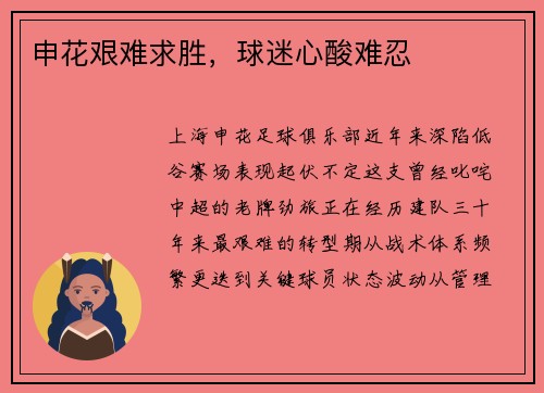 申花艰难求胜，球迷心酸难忍